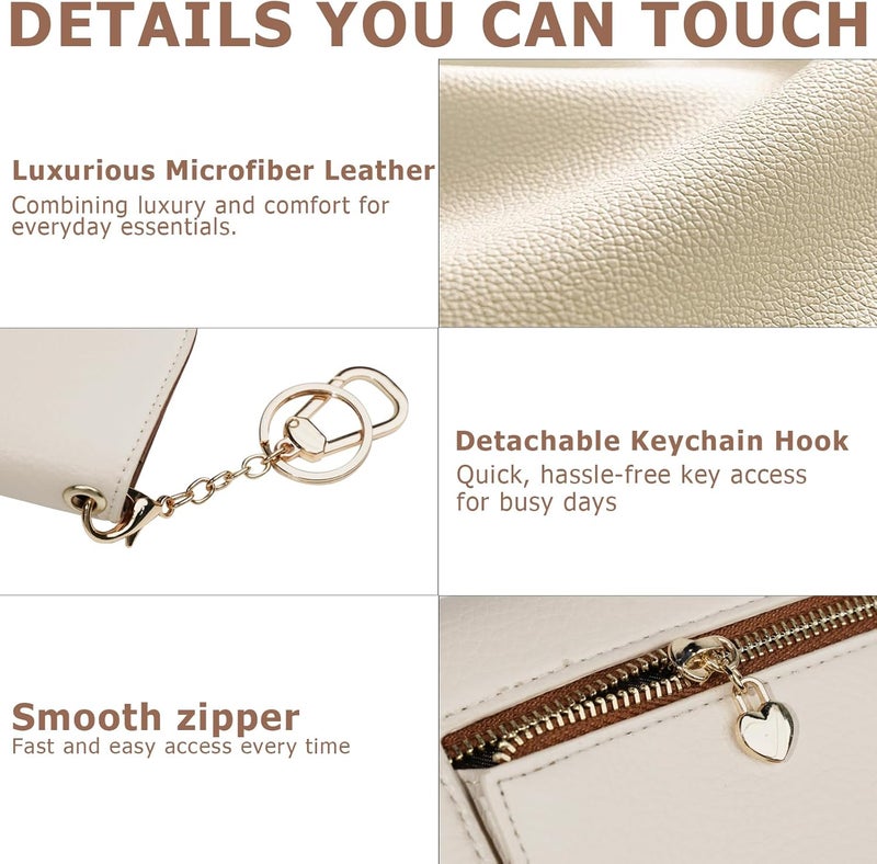 Sunpour Women Small Wallet RFID Blocking Slim Wallet with Coin Pocket Tri-Fold Credit Card Holder with ID Window and Keychain(Beige＆Brown) - Image 5